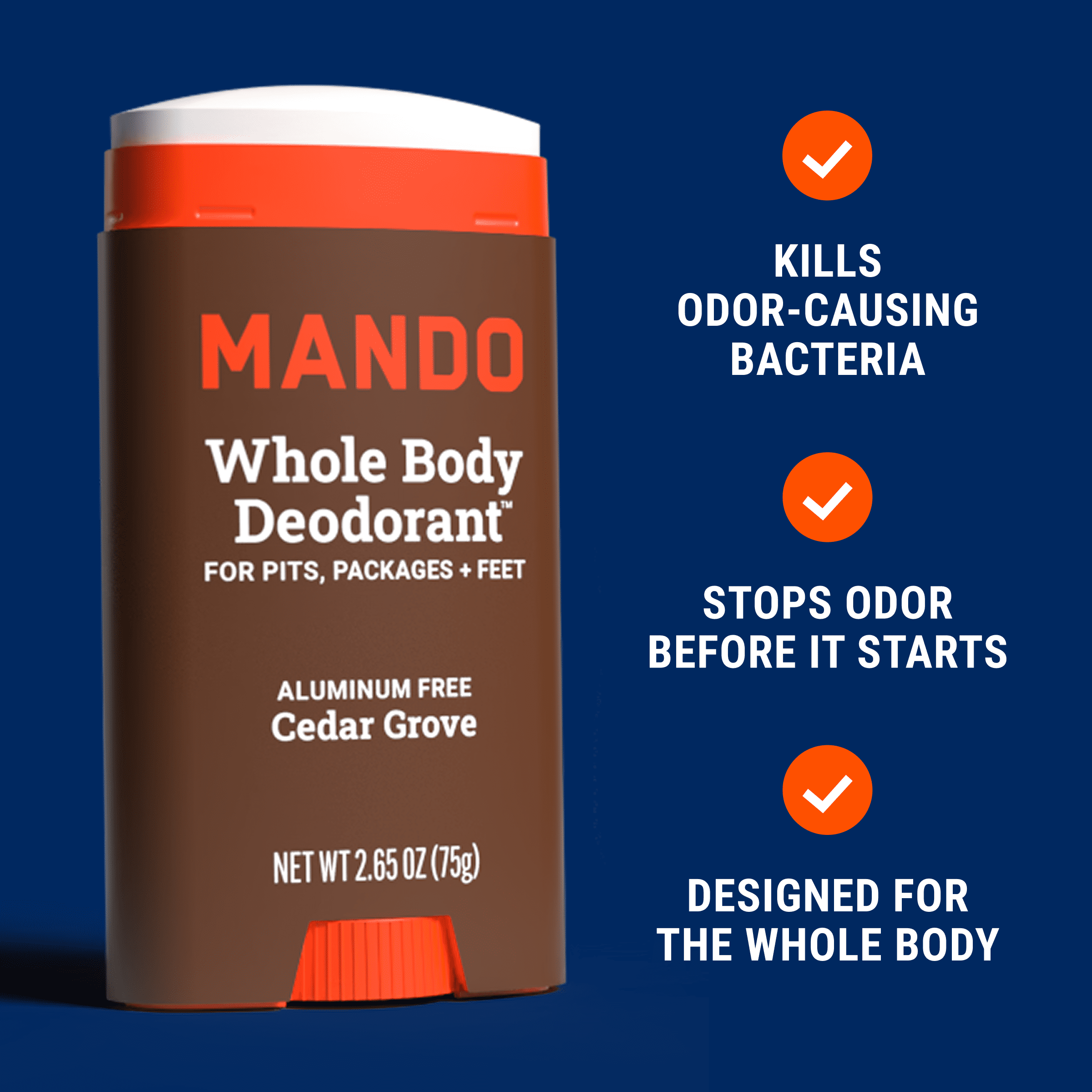 Mando Whole Body Deodorant Stick for Men, Aluminum-Free, 72-Hour Odor Control, Cedar Grove, 2.65 oz