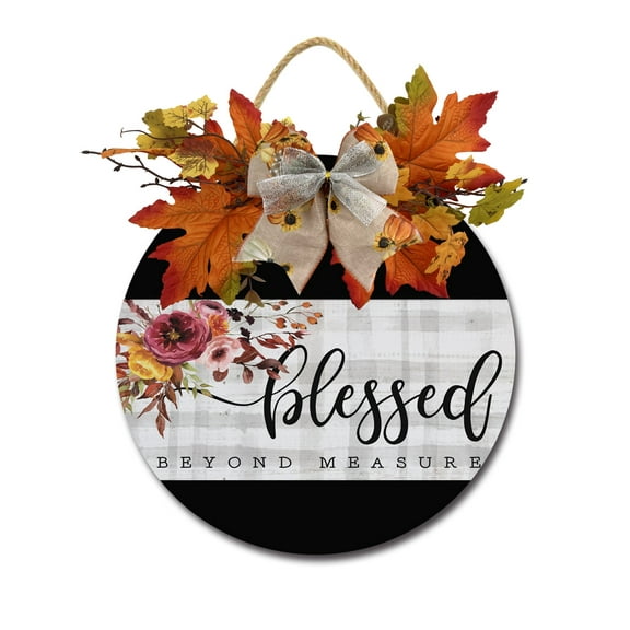 Blessed Beyond Measure Sign Front for Door Decoration, 11 in Round Wood Wreaths Wall Hanging Outdoor, Farmhouse, Porch, for Spring Summer Fall All Seasons Holiday Christmas