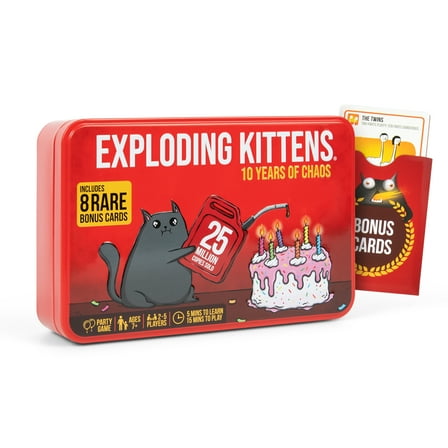 Exploding Kittens 10th Anniversary Collectible Tin – New Edition with 8 Legacy Cards. A hilarious, fast-paced card game for all ages—easy to learn, travel-friendly, and perfect for family fun!