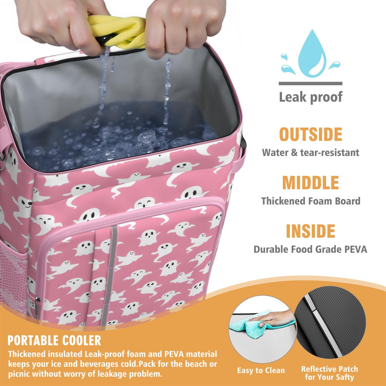 Travel Cooler Bag - Pink Halloween Ghosts Camping Beer Cooler Backpack with Bottle Opener- Waterproof Insulated Picnic Backpacks - Cooler Bag for Beach