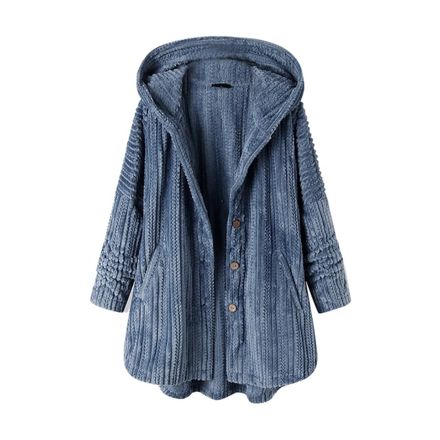 WEIYLL Jackets for Women Plus Size Solid Color Long Sleeve Hooded Button Pocket Blue Fall Coats Size 4XL