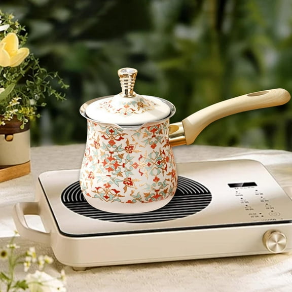 LOVIVER 500ml Turkish Coffee Pot Stainless Steel Easy to Clean Kitchen Chocolate Melting Pot with Lid Camping with Long Wooden Handle