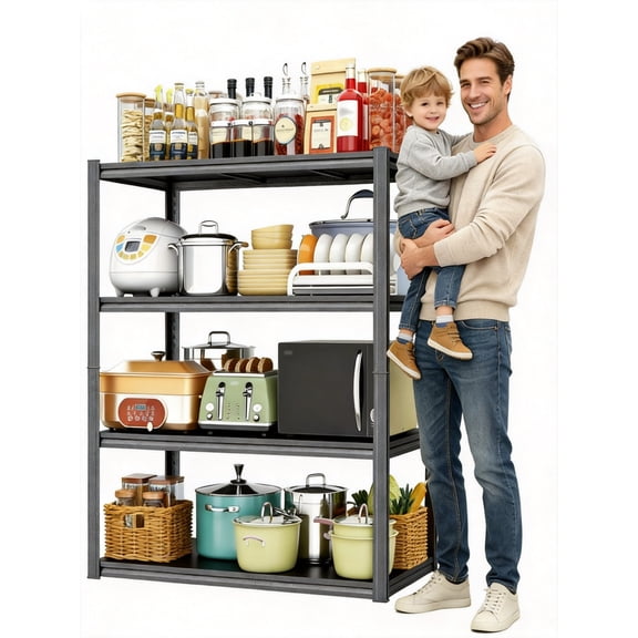 4-Tier Kitchen Shelf Organizer, Solid Metal Adjustable Storage Rack for Pots, Pans, Bottles & Pantry Goods, Space-Saving, Black, 20''W×14''D×54''H