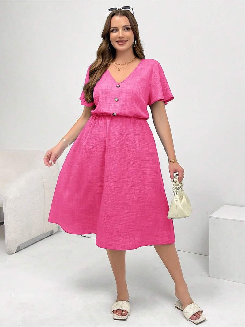 hot pink mid length dress Plus Size Women's Hot Pink Fitted Mid-Length Dress, 3D Rose Asymmetric Neckline Short Sleeve, Elegant For Wedding Guest, Evening Party Summer