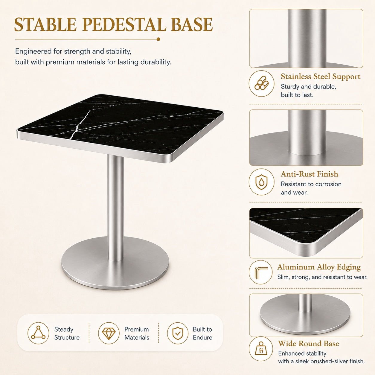 Aukfa 31.5" Square Dining Table for 2-4, Marble-Look Sintered Stone Top, Silver Pedestal Base, Small Spaces,Obsidian Black