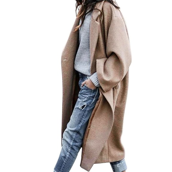 PMVFHDE Coats for Women Casual Long Length Solid Color Notch Lapel Long Sleeve Elegant Warm Wool Overcoat Top Khaki,XXL