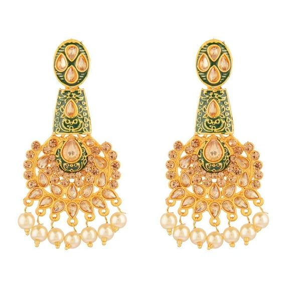 Efulgenz Green Indian Earrings Dangling Crystal Kundan CZ Rhinestone Big Chandelier Faux Pearl Drop Dangle Statement Earrings Wedding Jewelry for Women