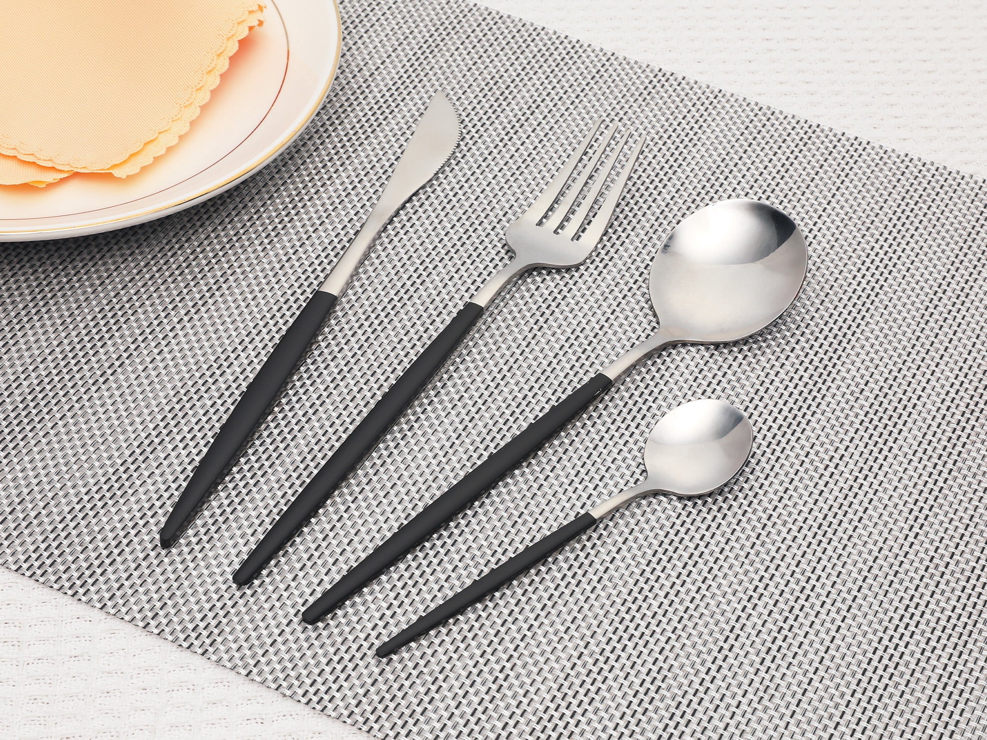 Unique Bargains 24 Pieces Stainless Steel Silverware Flatware Set Black