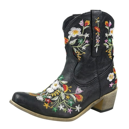 

jsaierl Women Fashion Embroidered Cowboy Riding Boots Casual Warm Middle Heels Middle Tube Short Boots Shoes