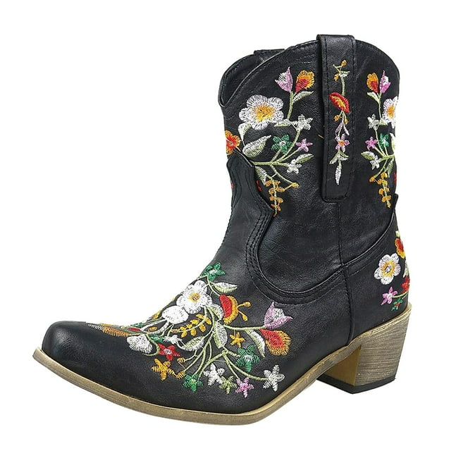 jsaierl Bottes de Cowboy Brodées pour Femmes, Mode, Décontractées, Chaudes, Talons Moyens, Tige Moyenne, Bottines Courtes, Chaussures