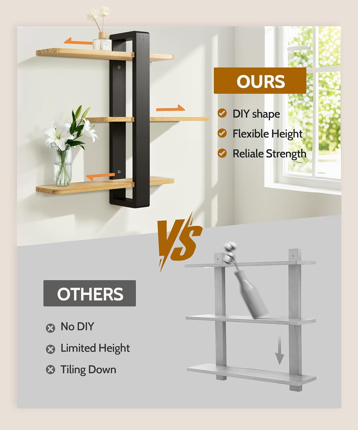 Gronda Adjustable Floating Shelves for Wall 3 Tier Wood Shelf for Bathroom, Bedroom, Living Room, Easy Install, Nature Black Decor Storage Shelf, 20in