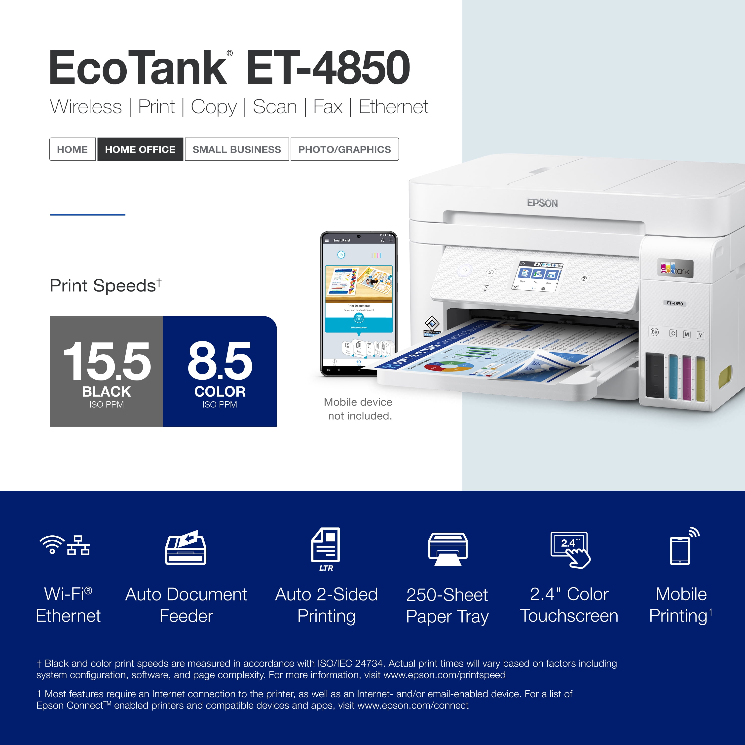 STAMPANTE EPSON MFC INK EcoTank ET-4850 C11CJ60402 A4 33PPM 4in1