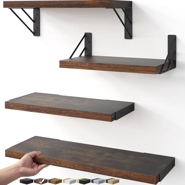 Estantes de pared BAYKA de madera rústica para dormitorio y sala de estar, juego de 4