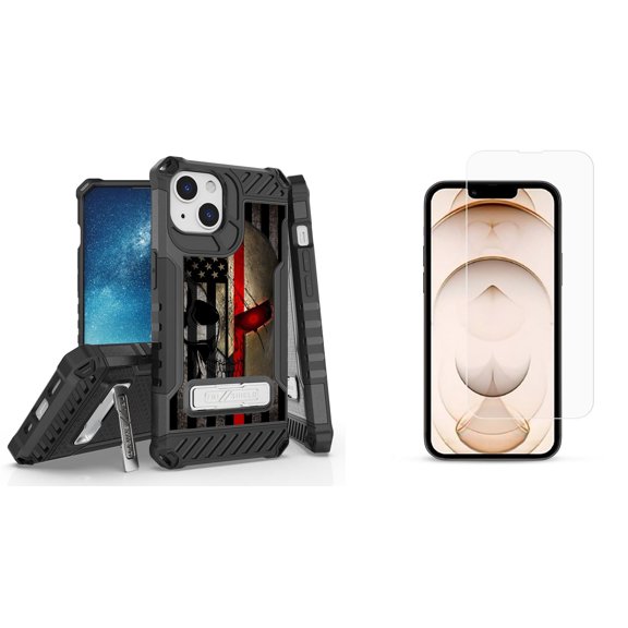 Bemz iPhone 13 Bundle: Tri Shield Shockproof Armor Rugged Case (American Spartan Skull), Premium Glass Screen Protectors (2-Pack)