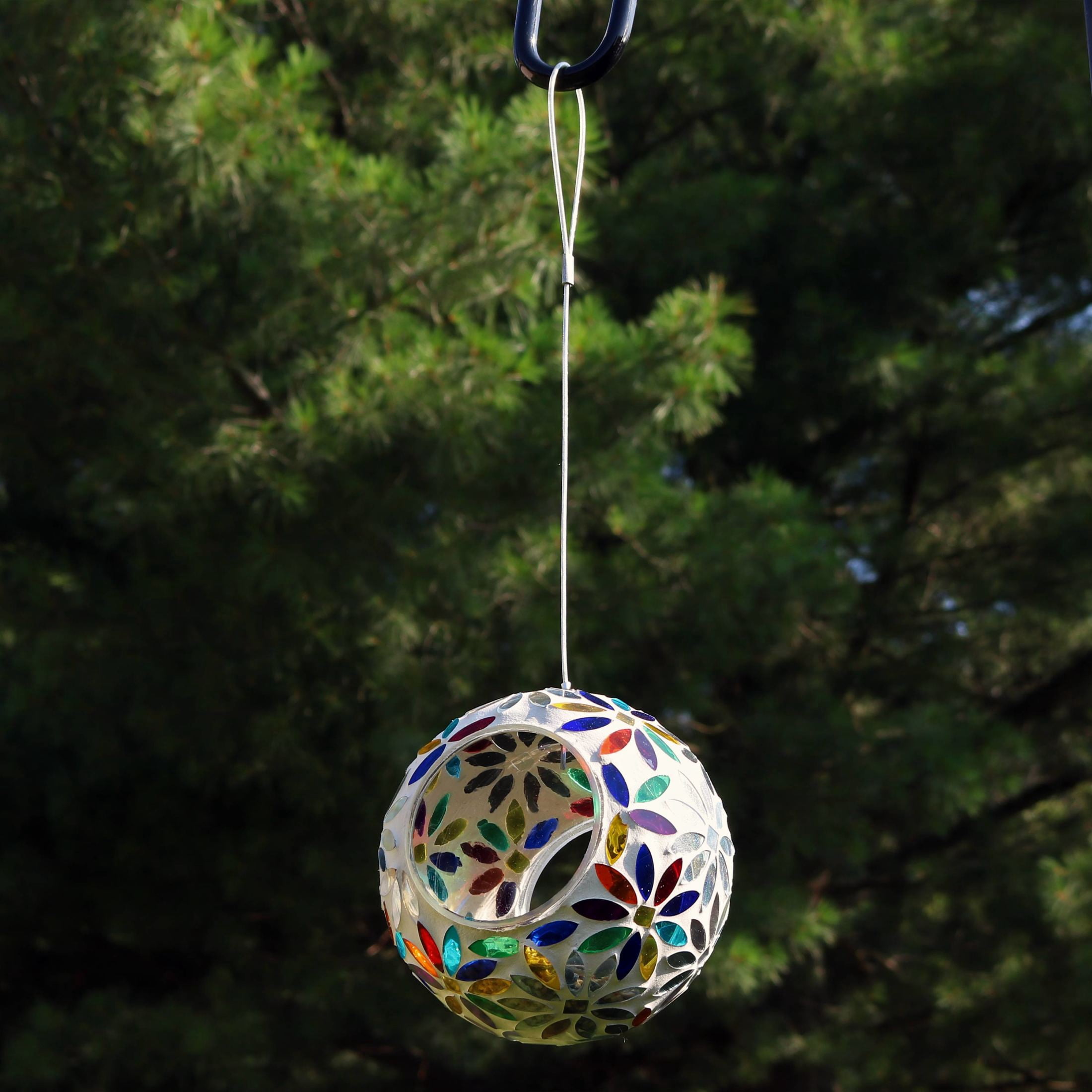 Sunnydaze Mosaic Glass Fly-Through Hanging Bird Feeder, 1-Cup Capacity, Rainbow Daisies