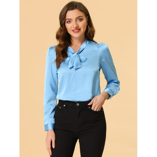 Allegra K Women's Office Tie V Neck Long Sleeve Elegant Blouse Shirt