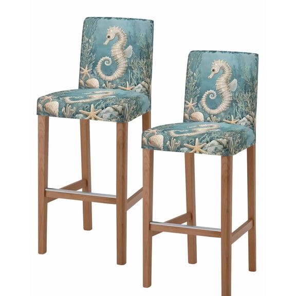 Coastal Seahorse Blue Green Bar Stool Covers Set of 2, Summer Ocean Starfish Coral Stretch Washable Bar Chair Covers with Backs, Removable Pub Counter Height Chair Cover for Kitchen Dining Room Cafe