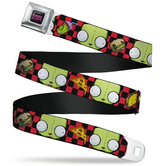Invader Zim Belt, Seatbelt Buckle Belt, Invader Zim Gir Face and Food Icons Checker Black Hot Pink, 30 to 44 Inches