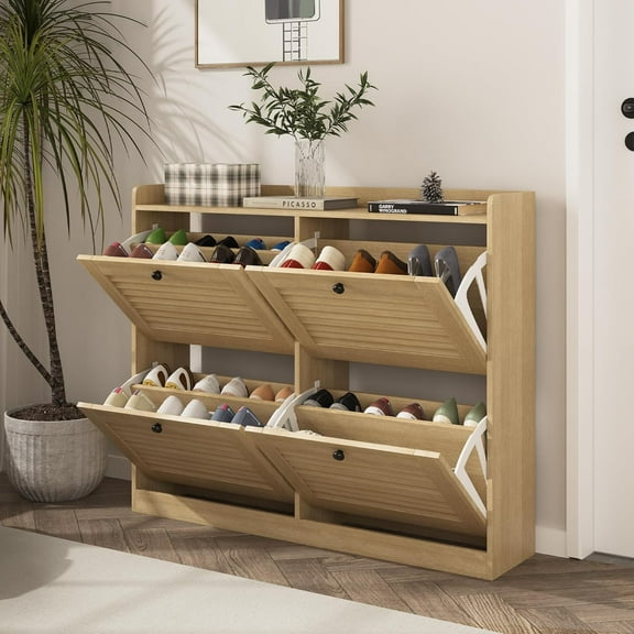 Roromall Shoe Storage Cabinet with 4 Flip Drawers, Narrow Shoe Cabinet for Entryway, Freestanding Hidden Shoe Rack Organizer for Hallway, Bedroom, Living Room