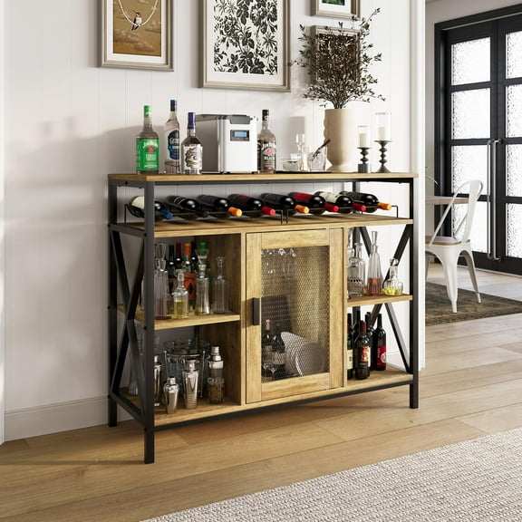 Vividwood Wine Bar Cabinet with Storage, Industrial Liquor Cabinet with Wine Rack & Glass Holder, Small Wood Metal Cart Bar Alcohol Table Sideboard Buffet for Home Kitchen Living Room, Oak