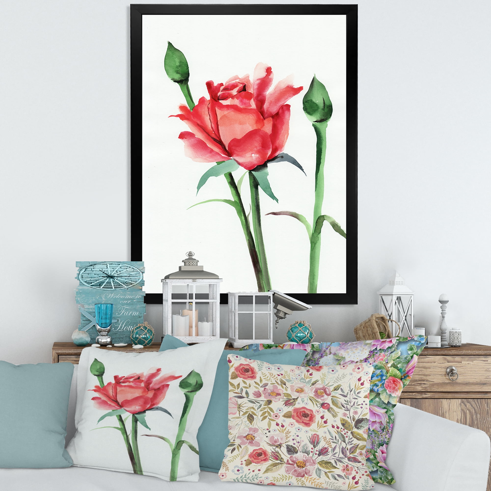 Designart 'Buds With Red Rose' Traditional Framed Art Print