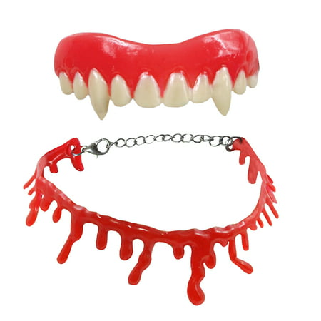 Dripping Bloody Choker Necklace Vampire Teeth Fake Fangs Halloween Accessory Set