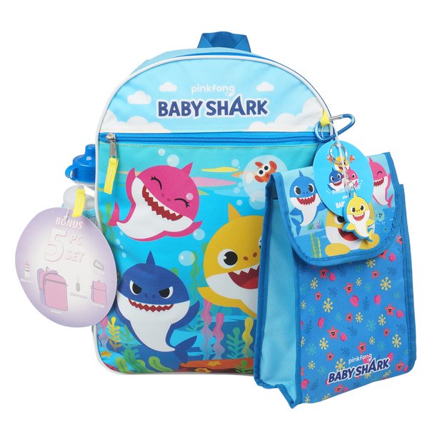 Licensed 5 Piece Baby Shark Backpack Set Lunch Kit, Bottle, Keychain