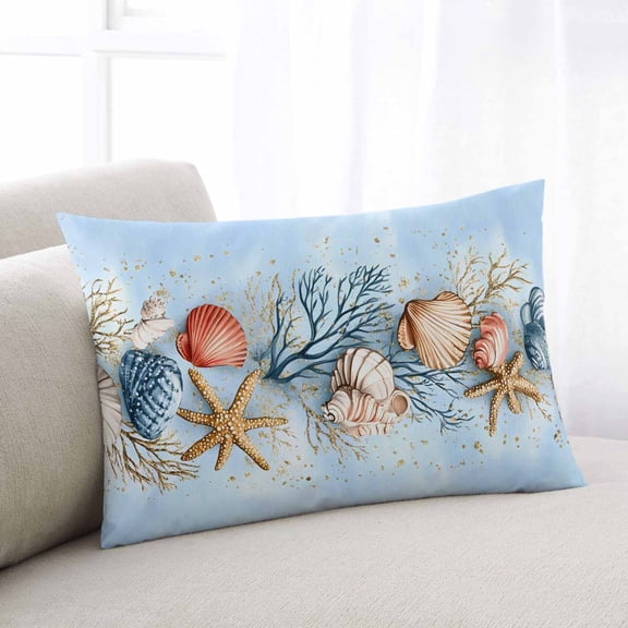 Blue Coastal Throw Pillow Cover, Pillowcase Protectors with Zipper, Breathable Decorative Lumbar Pillow Case Cover, Summer Nautical Beach Conch Starfish Coral Pillow Shams for Couch Sofa 12x20Inch