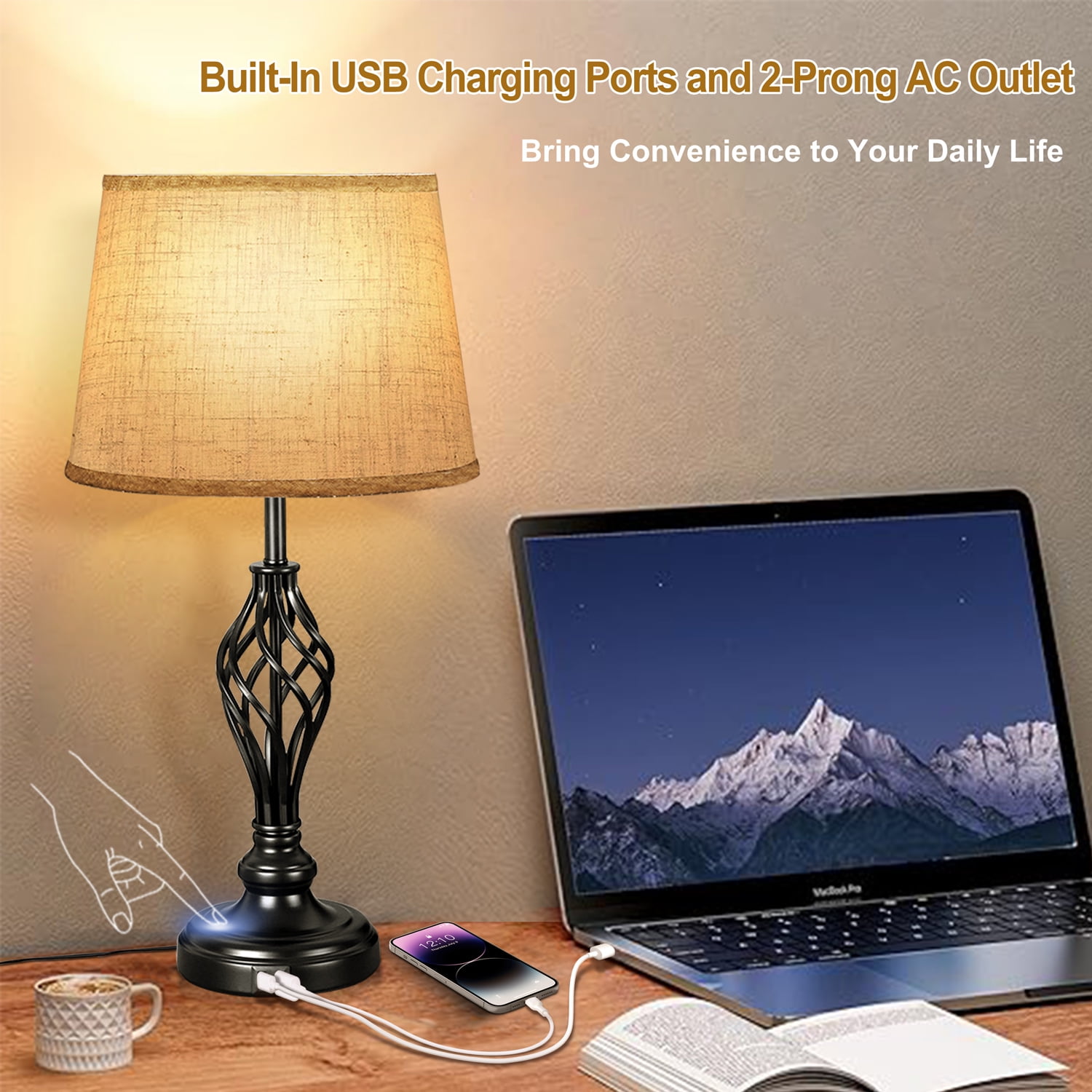 Coliware Table Lamp Set of 2, Traditional Dimmable Desk Lamps with Touch Control USB Charging Port, Farmhouse Tapered Drum Shade Bedside Nightstand Lamps for Living Room Bathroom Bedroom