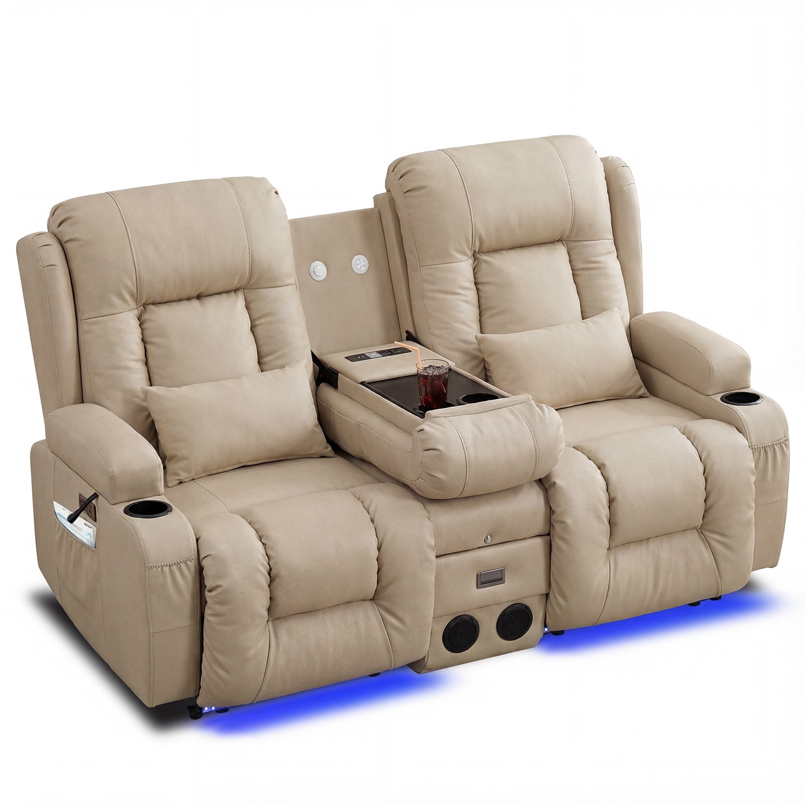 IPKIG Sand Color Power Recliner Loveseat Sofa w/ Massage, Heat, LED Lights, Bluetooth Speakers, USB Ports, Power Outlets Console for Home Theater & RV