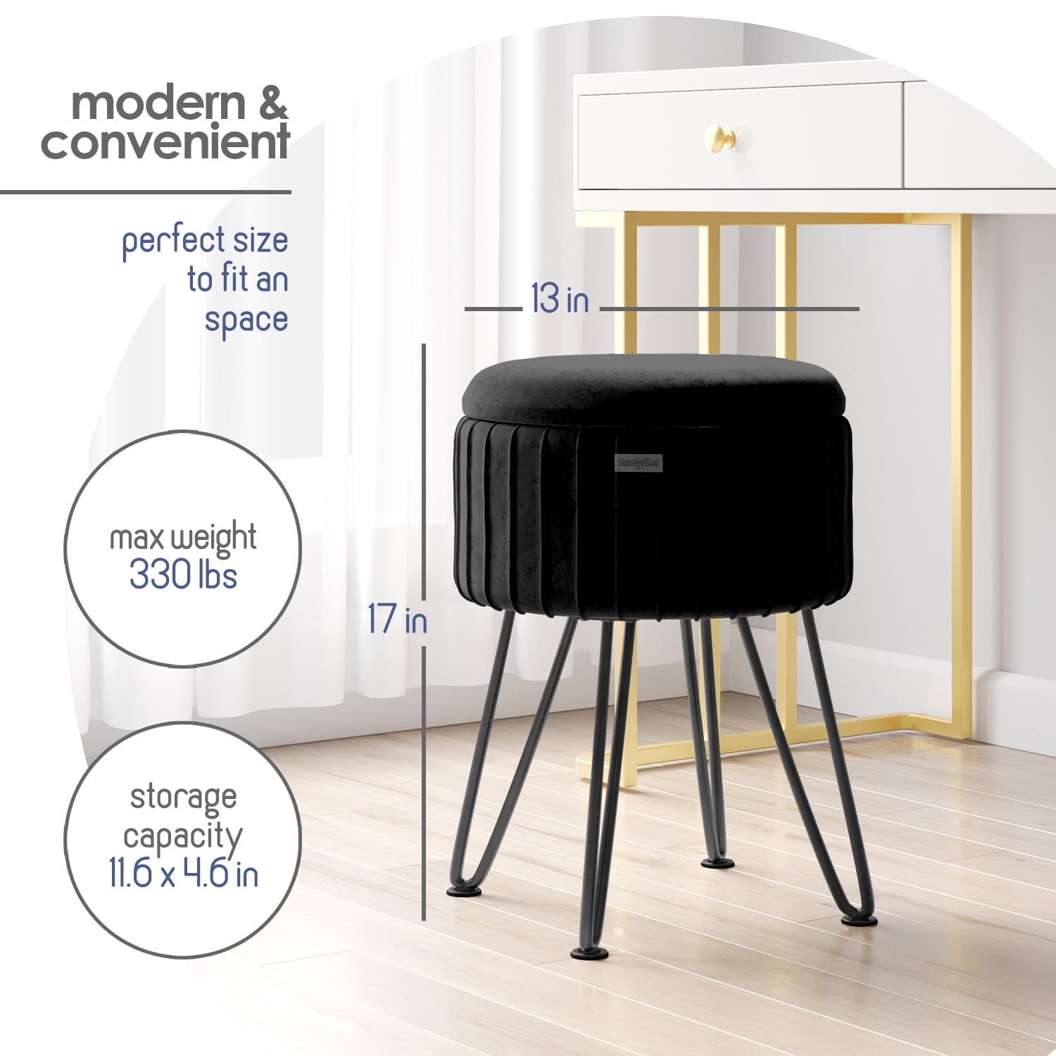 Hearth & Harbor Round Ottoman with Storage, Luxurious Foot Stool and Chic Vanity Stool with Storage, Elegant Pleated Velvet Black