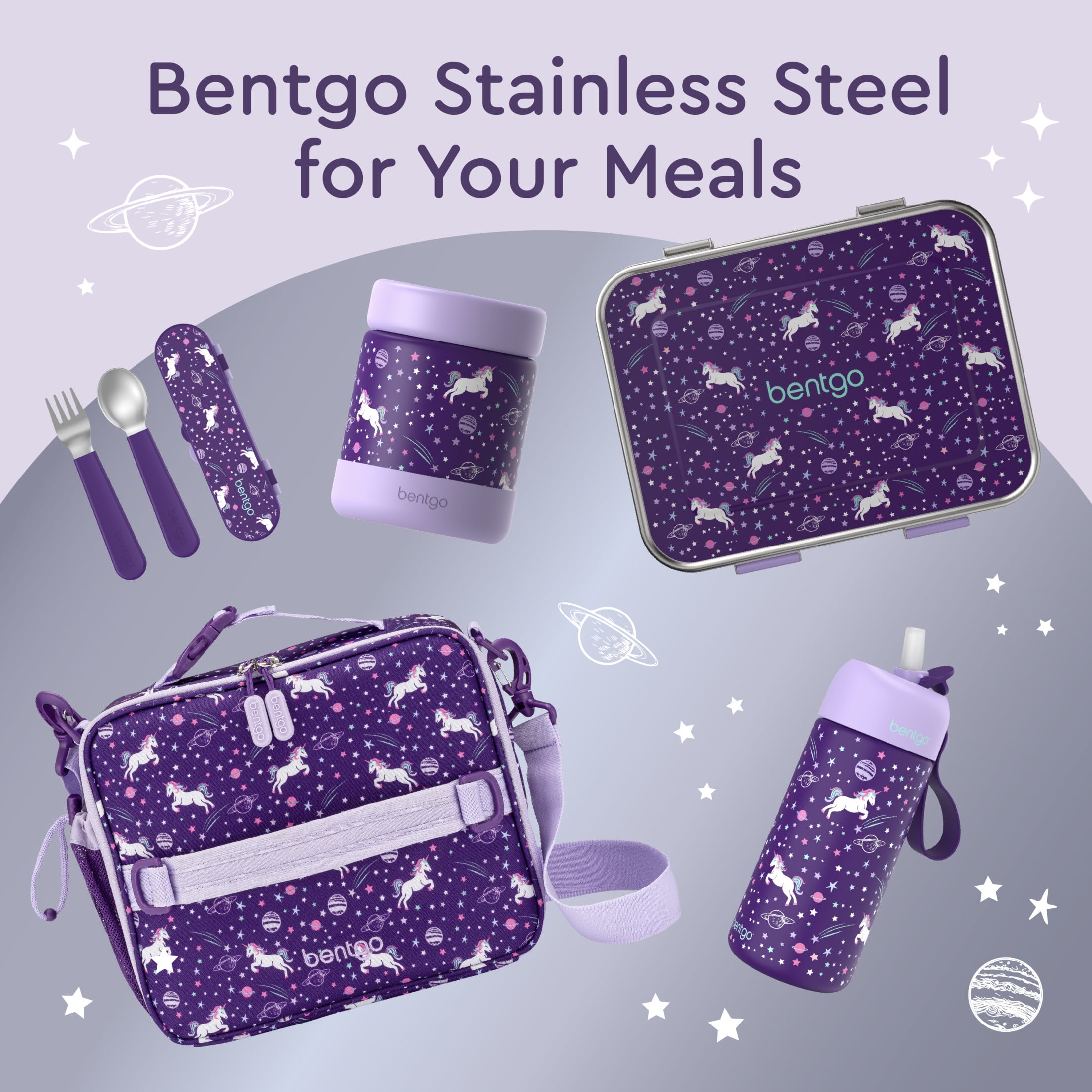 Bentgo Kids Stainless Steel Prints Leak-Resistant Lunch Box - 3-Compartments with Bonus Silicone Container, Durable, Eco-Friendly, Dishwasher Safe, BPA-Free, Ideal for School, Ages 3+ (Unicorn)