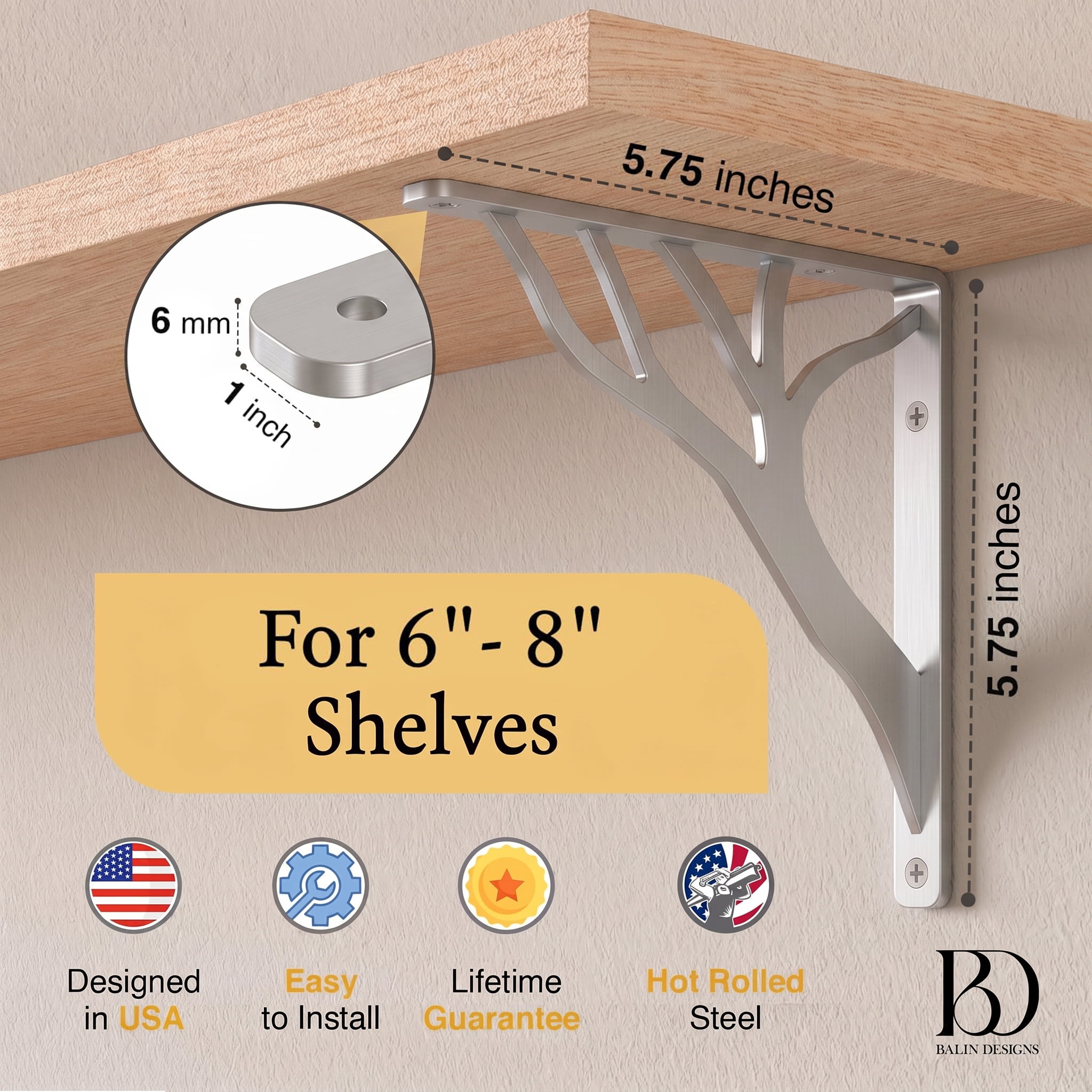 Rustic Tree Shelf L Brackets by Balin Designs (Chrome) for 6 inch - 8 inch Shelves - Heavy-Duty Decorative Metal Mantel Bracket Supports - Easy Installation with Included Hardware - Set of 4