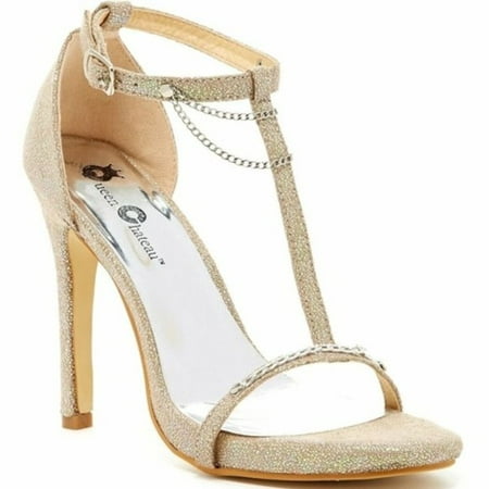 

Chainlink Glitter Heeled Sandal Strappy Open Toe Sexy Heels Women (Beige 6)