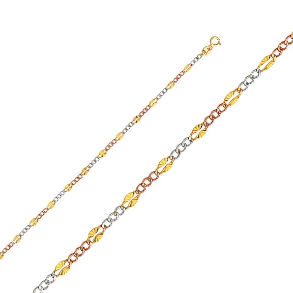 14k Yellow Gold White Gold and Rose Gold Thin Metal Stamped Figaro 3 Plus 1 Links 3.2mm Sparkle-Cut Pendant Necklace for