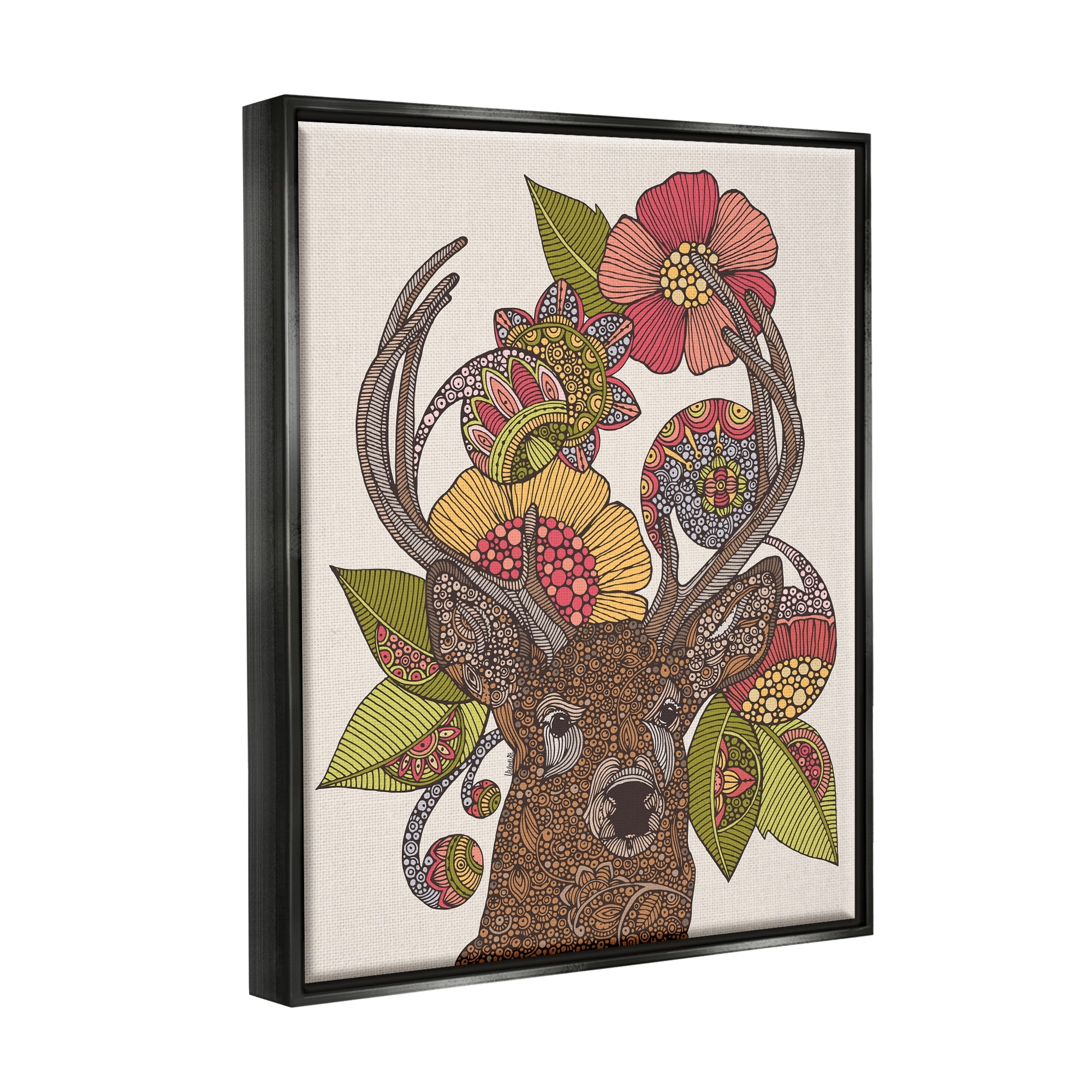 Stupell Industries Detailed Deer Wild Floral Blossoms Mandala Fractals Graphic Art Jet Black Floating Framed Canvas Print Wall Art, Design by Valentina Harper