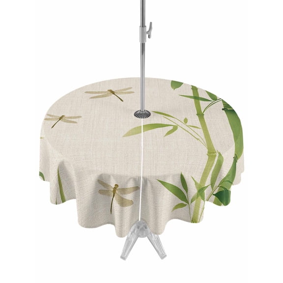 Outdoor Tablecloths with Umbrella Hole & Zipper, Green Botanical Round Tablecloths 60 Inch, Farmhouse Dragonfly Waterproof Table Cloth, Patio/Pool/Picnic Table Covers