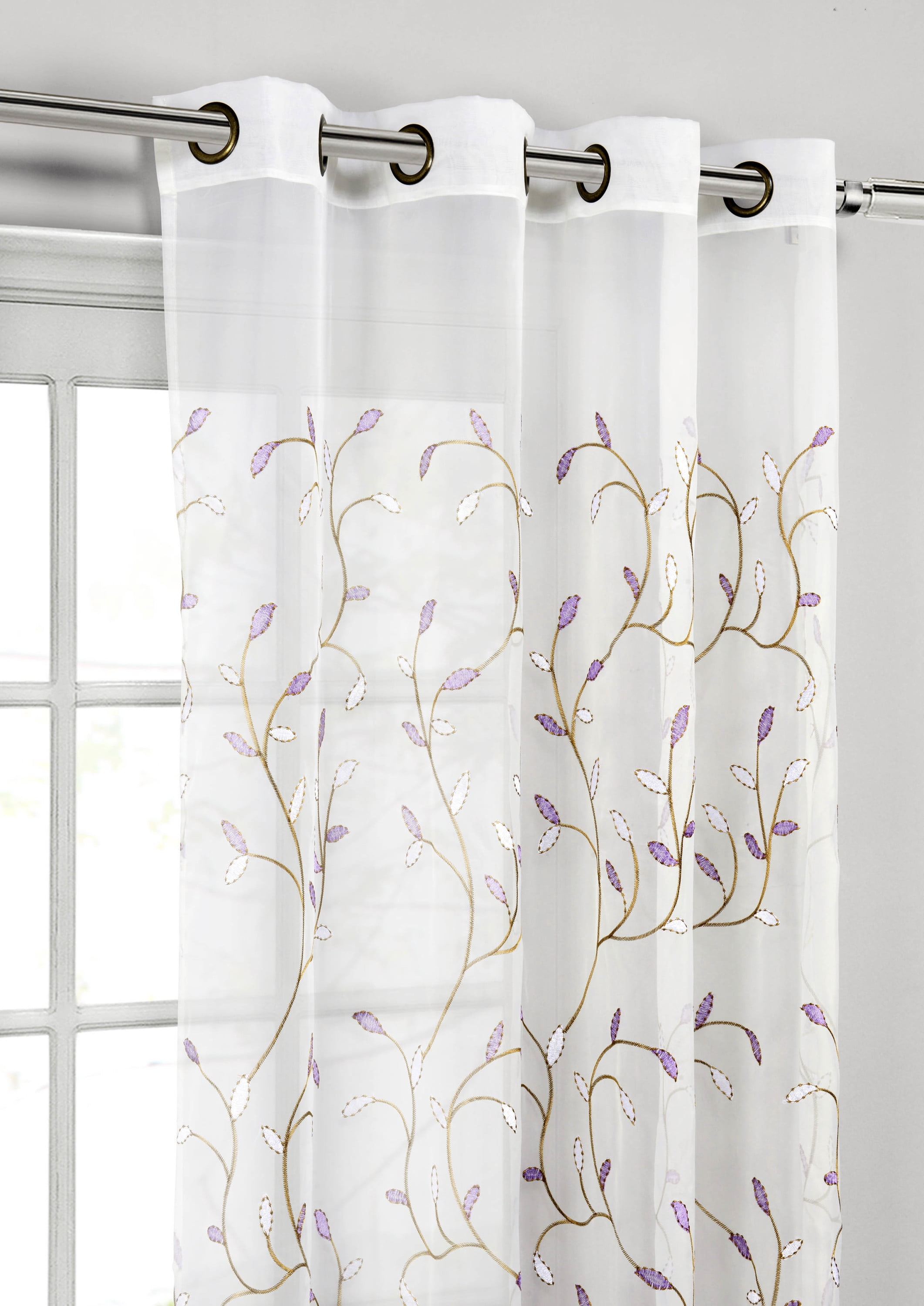 Grommet Curtain Panel, Embroidered Sheer Extra-Wide, Purple 54" x 84"