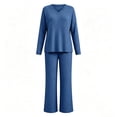 thumbnail image 6 of Women's 2 Piece Loungewear Outfits Ribbed Knit V Neck Long Sleeve Top and Wide Leg Pants Sets Soft Warm Fall Winter Casual Tracksuit Blue, 6 of 7