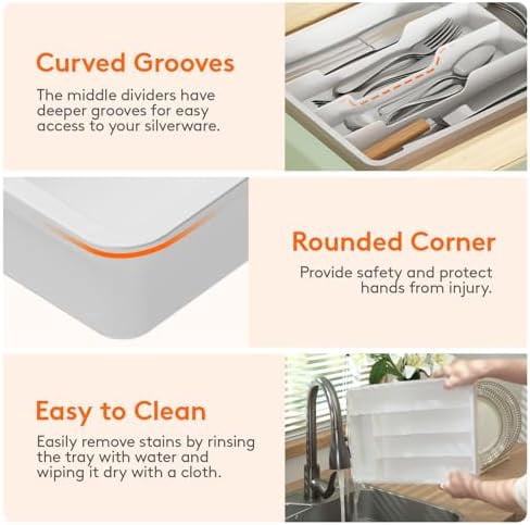 Silverware Drawer Organizer Tray, Plastic Cutlery Storage for Kitchen, Flatware and Utensil Holder Divider for Spoons Forks Knives Tableware, 9.5 x 13.4", 5 Slots, White