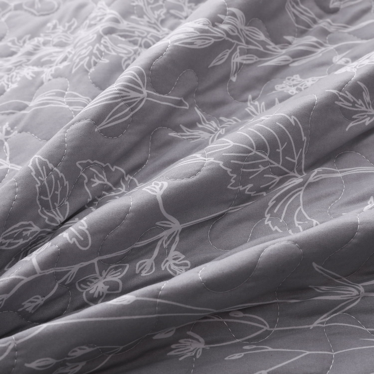 SLEEPBELLA Grey Quilt Set King Size 3Pcs, Grey Printed with White Botanical Pattern, All Season Lightweight Coverlet Sets(King 106x96, Grey Botanical)