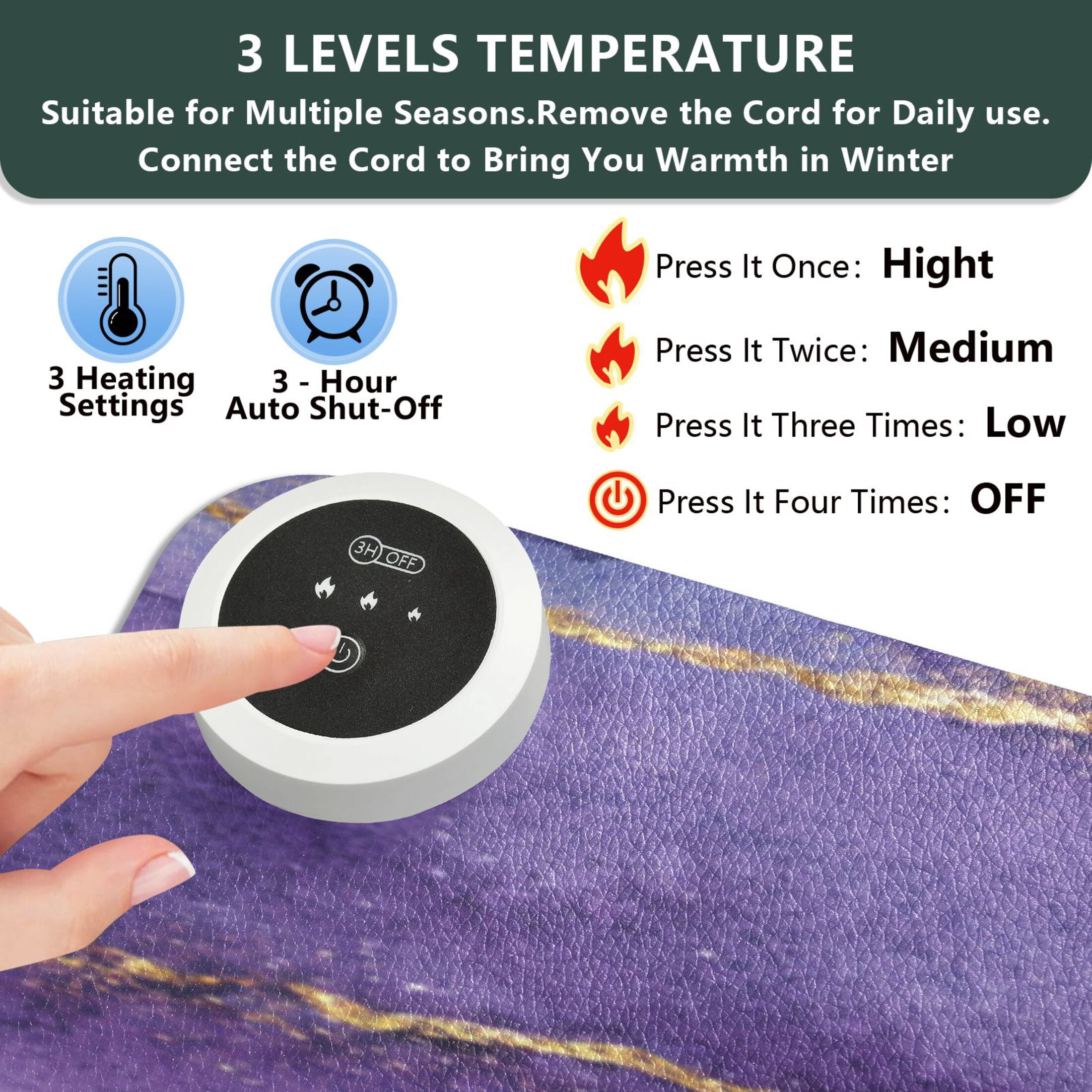 Large Heated Desk Mat Mouse Pad 31.5"x13"PU Leather Graphene Heating Desk Warmer with 3 Temperature Settings 110V US Plug Non-Slip Warm Pad for Home, Office, and Gaming Abstract Dark Purple Marble