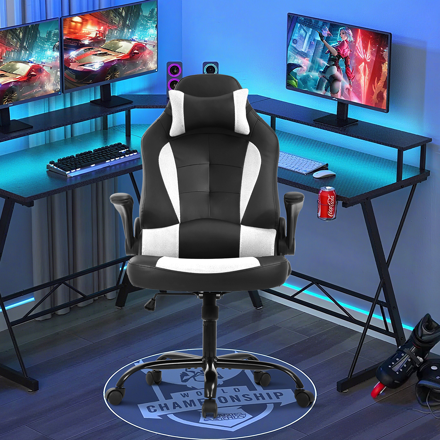 Video Game Chair High Back Gaming Chair PU Leather Racing Chair with Headrest Lumbar Support & Flip-up Arms , Adjustable Gamer Chair for Adults & Kids,White