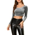 thumbnail image 1 of INSPIRE CHIC Women's Velvet Long Sleeve Off Shoulder Solid Crop Tops L Grey, 1 of 7