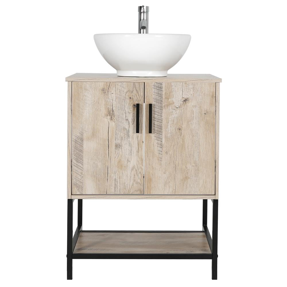 Eclife 24" Farmhouse Bathroom Vanity with Rustic Oak Wood Top,White Ceramic Sink, Water Save Faucet,Solid Brass Pop Up Drain