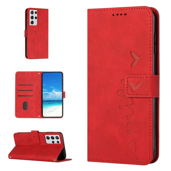 For Samsung S21 Ultra Case, Allytech Wallet Case Magnetic Folio Embossed Full Protection PU Leather Kickstand Credit Card Holder Slots Wrist Strap Flip Cover for Samsung Galaxy S21 Ultra,Red