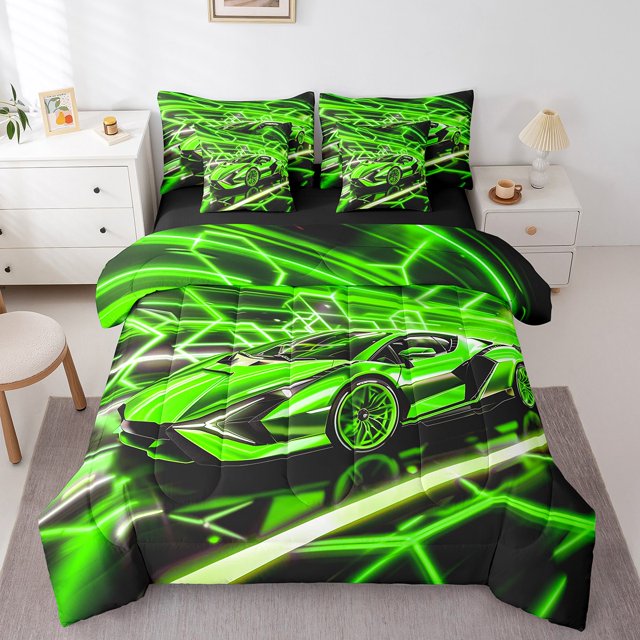 Erosebridal Racing Car Bed In A Bag Full Size,Sports Car Bed Set,Neon Room Decorative,Reversible,Breathable,7-Piece