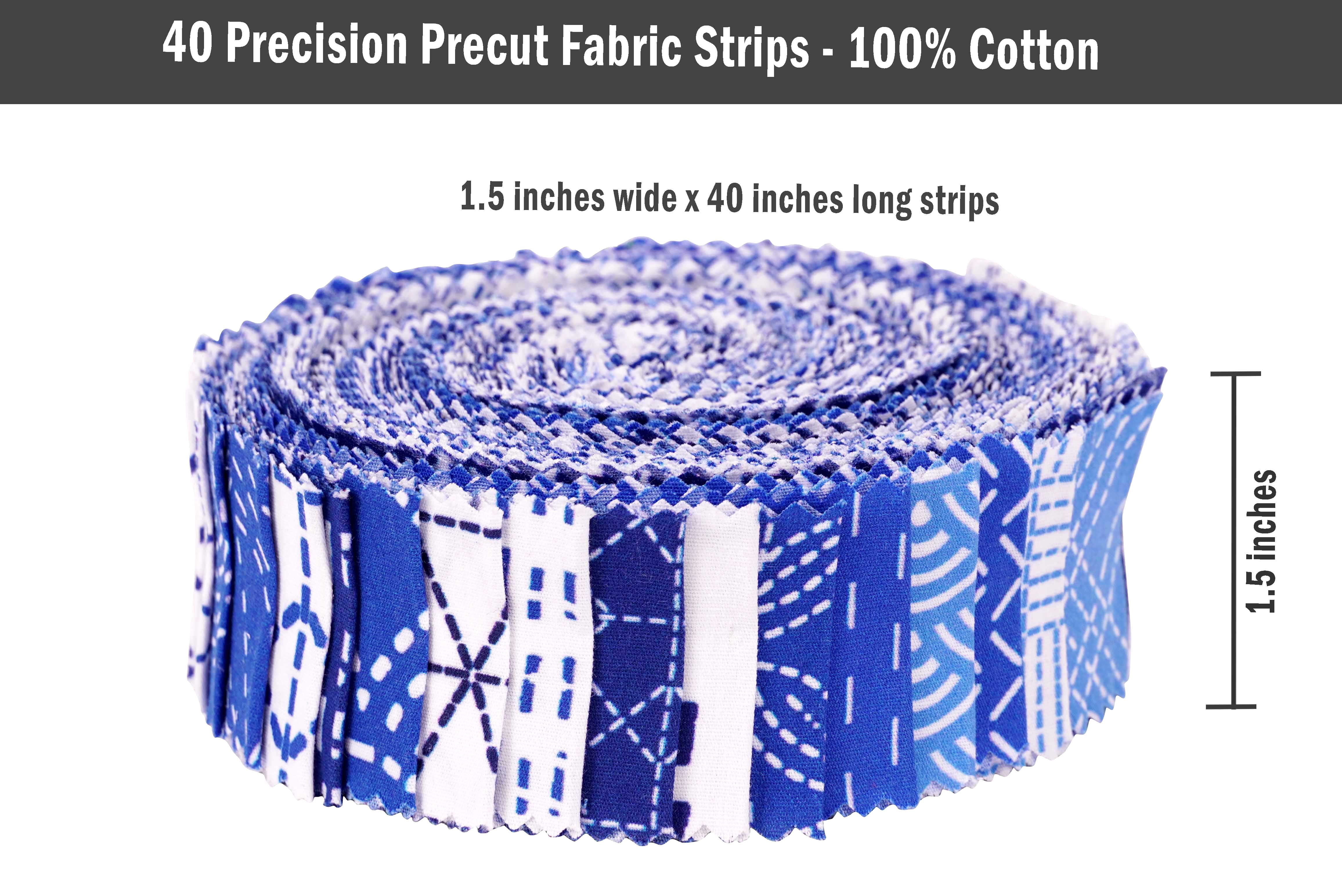 Soimoi 40Pcs Japanese Sashiko Print Precut Fabrics Strips Roll Up 1.5x42inches Cotton Jelly Rolls For Quilting - Medium Blue