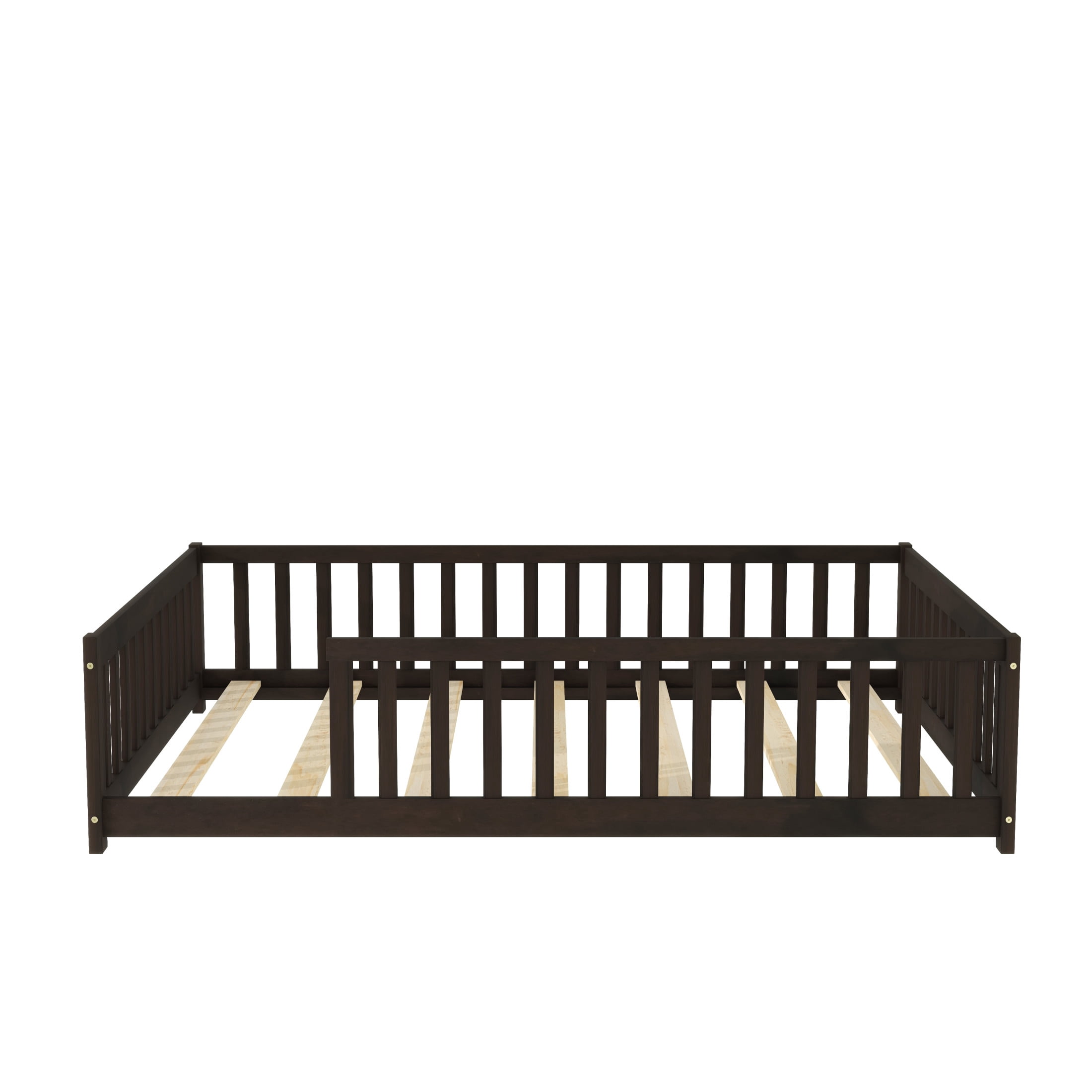Noble House Lucas Full Size Floor Bed with Safety Guardrails & Open Access, Rubber Wooden Bed Frame, Espresso