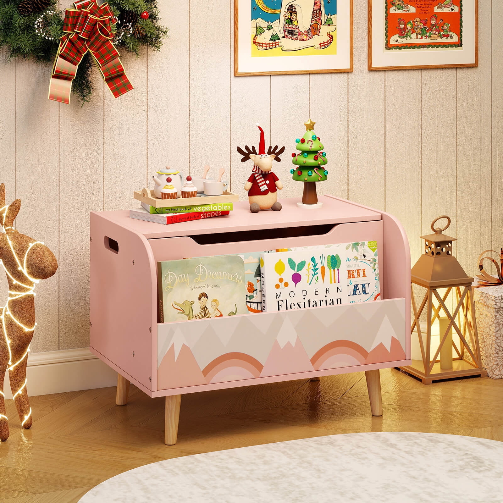 Costway Kids Wooden Toy Box with Front Bookshelf 4 Solid Wood Legs Flip-top Lid for Nursery Pink
